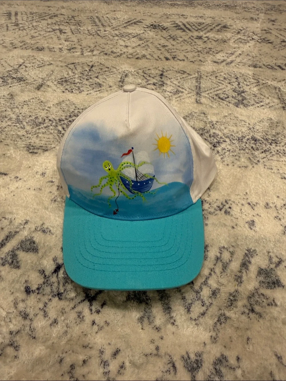 Hand-Painted Octopus & Sailboat Cap in White and Aqua